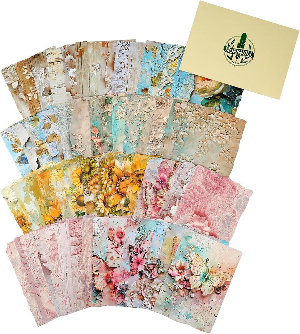2 x Scrapbook Paper Set 60 Vintage Sheets with Mixed Paper Textures, Featuring Embossed Kraft and Lightweight Floral Designs for Journaling and DIY Crafts