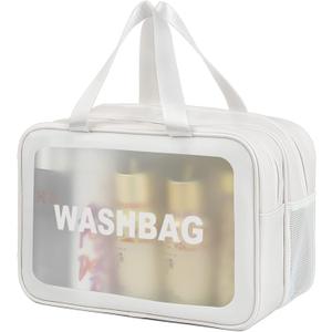 Travel Toiletry Bag for Women and Men, Matte Translucent Toiletry Bag with Handy Handle, Makeup Cosmetic Organizer Bag for Travel Toiletries Accessories (White-XL)