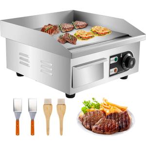 VEVOR 14" Commercial Electric Griddle,110V 1500W Electric Countertop Griddle Non-Stick Restaurant Teppanyaki flat top Grill Stainless Steel 122F-572F Adjustable Temperature Control(No Plug)