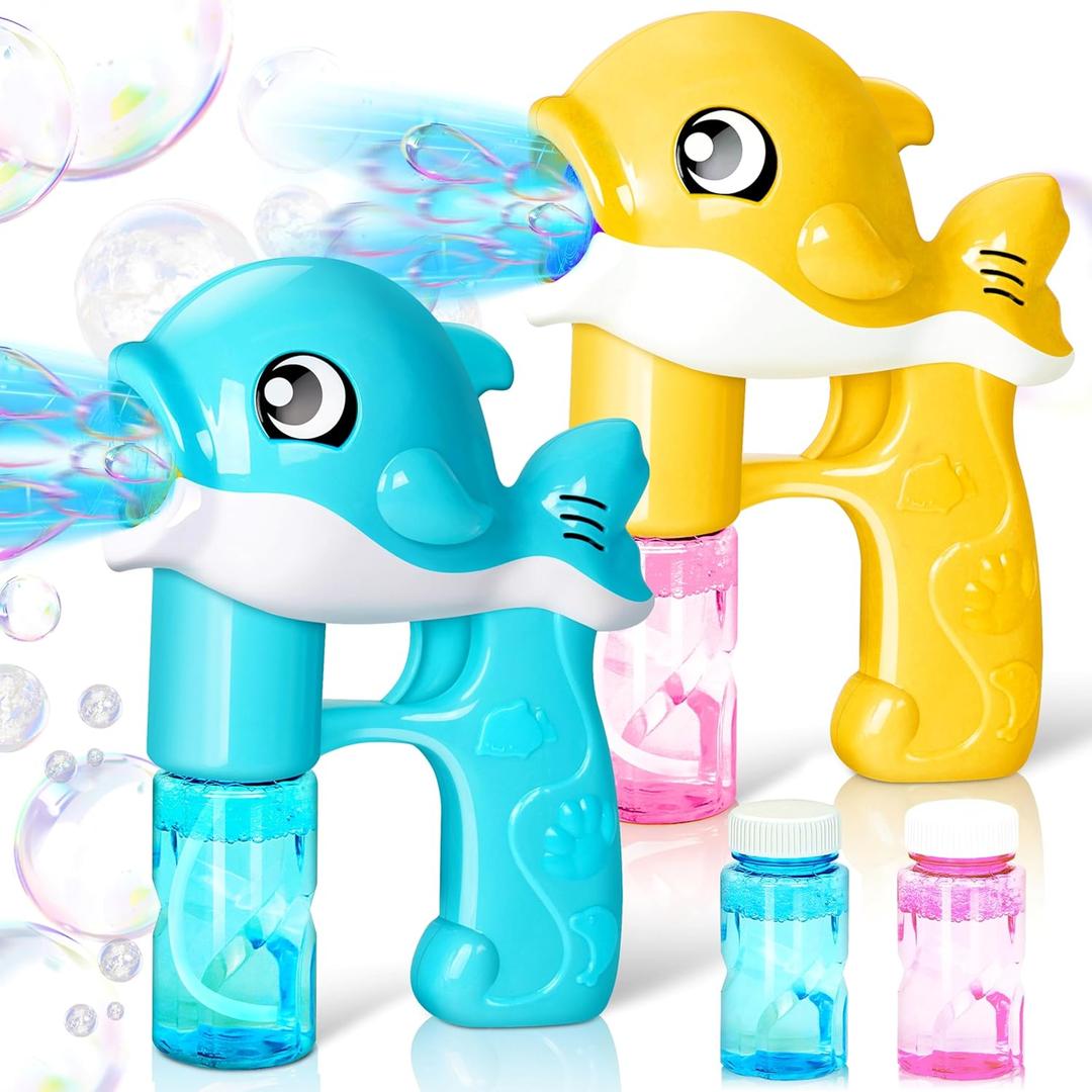 JOYIN 2 Bubble Guns, Whale Bubble Maker LED Automatic with 4 Refill Solutions for Kids, Toddlers, Summer Outdoor Toy, Party Favor (Yellow-blue)