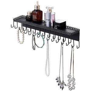 MyGift 15 Inch Wall Mounted Matte Black Metal Jewelry Organizer & Display Shelf with Vintage Lace Design, Hanging Perfume Storage and 26 Hook Necklace Hangers MyGift 15 Inch Wall Mounted Matte Black Metal Jewelry Organizer & Display Shelf with Vintage Lace Design, Hanging Perfume Storage and 26 Hook Necklace Hangers