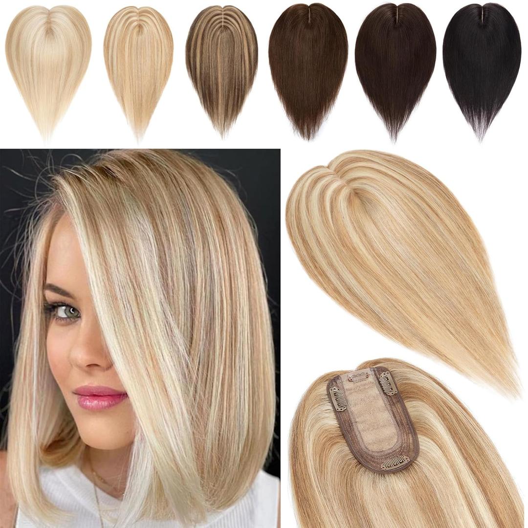 Rich Choices Hair toppers for women real human hair, 7 * 13cm silk base, blonde highlights hair pieces for women with thinning hair, remy hair toppers, no bangs hair clip human hair 16 Inch #12P613