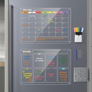 Acrylic Magnetic Calendar for Fridge, 2-Pack Monthly & Weekly Dry Erase Board Planner Noteboard Set for Refrigerator, Glass/Wood Wall, 6 Colors Markers (16"x12")