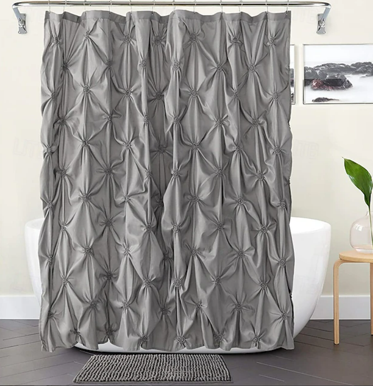 JSLOVE 2 Pcs Shower Curtain Sets with Rugs - Pinched Pleat Farmhouse Shower Curtain Elegant Decor Set with 12 Shower Curtain Hooks for Bathroom Dark Grey Standard 72" X 72"
