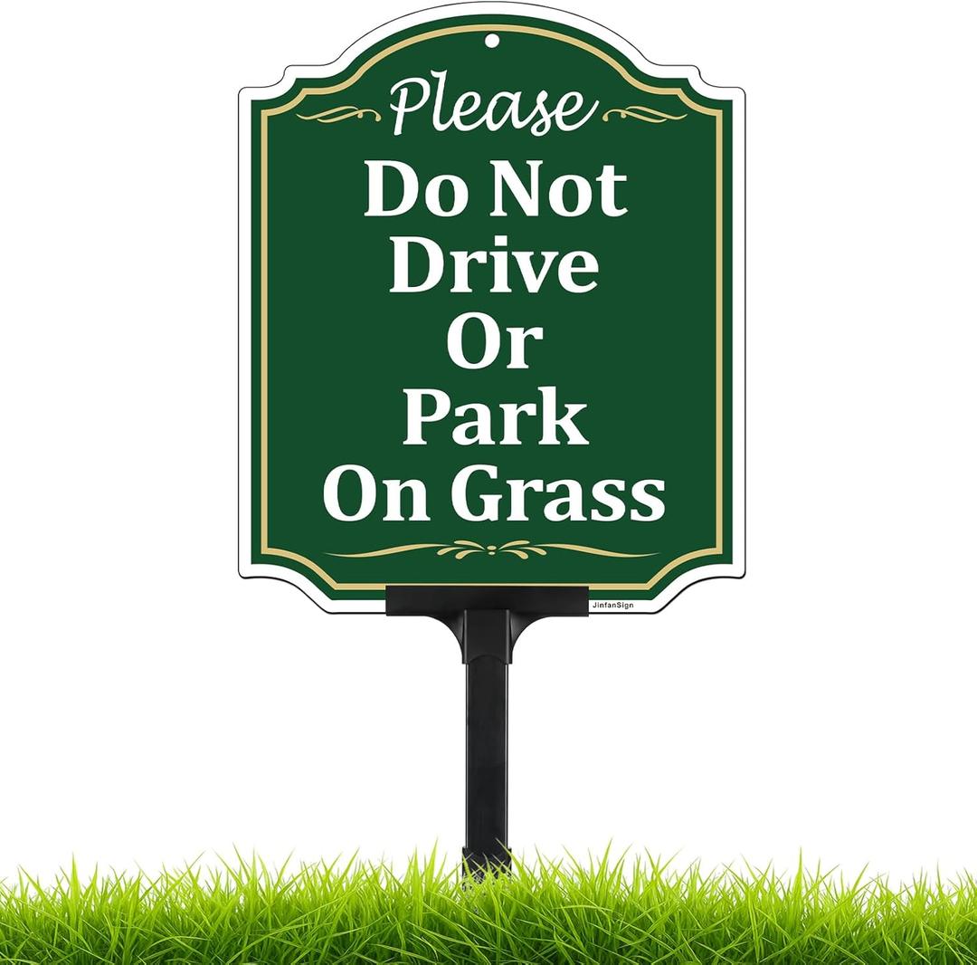 Please Do Not Drive or Park on Grass Yard Sign with Adjustable Height Stake Set, Keep Off Grass Sign, 12x10 Inch/44 Inch High-50 Mil Thick Rust- Free Aluminum, Plug and Play Ready