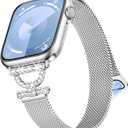 Compatible with Dressy Thin Designer Bling Apple Watch Bands for Women 40mm 41mm 38mm, D-shaped iWatch Bands for Slim Sparkly Diamond Apple Watch Series10 9 SE 8 7 6 5 4 3 2 1 Bracelet Sport Band (Silver)