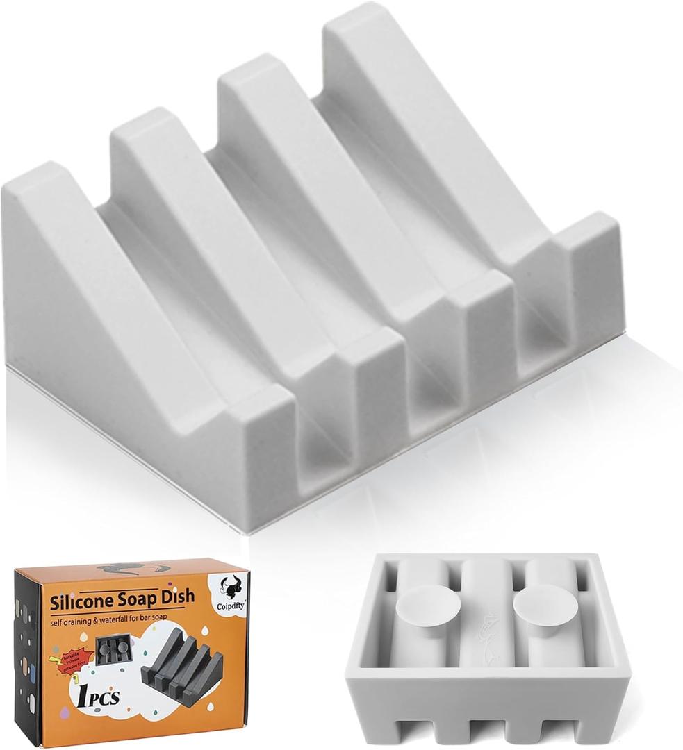 Self Draining Soap Dish,Silicone Suction Cup Soap Holder, Bathroom Soap Dish for Bar Soap,Can Extend Soap Life,Bathroom, Bath Tub, Kitchen Sink Light Grey - 1 Pack