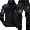 PASOK Men's Casual Tracksuit Full Zip Running Jogging Athletic Sports Jacket And Pants Set (Black)