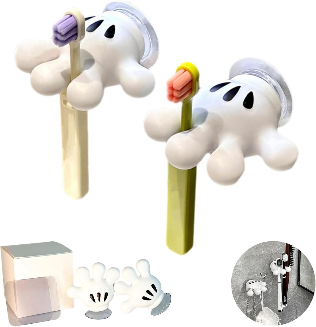 Cute Hanging Toothbrush Holder, Hand Wall Hanging Utility Suction Hooks with StickyPads, Multi-Function Mouse Bathroom Decor, Shower Holder (2)