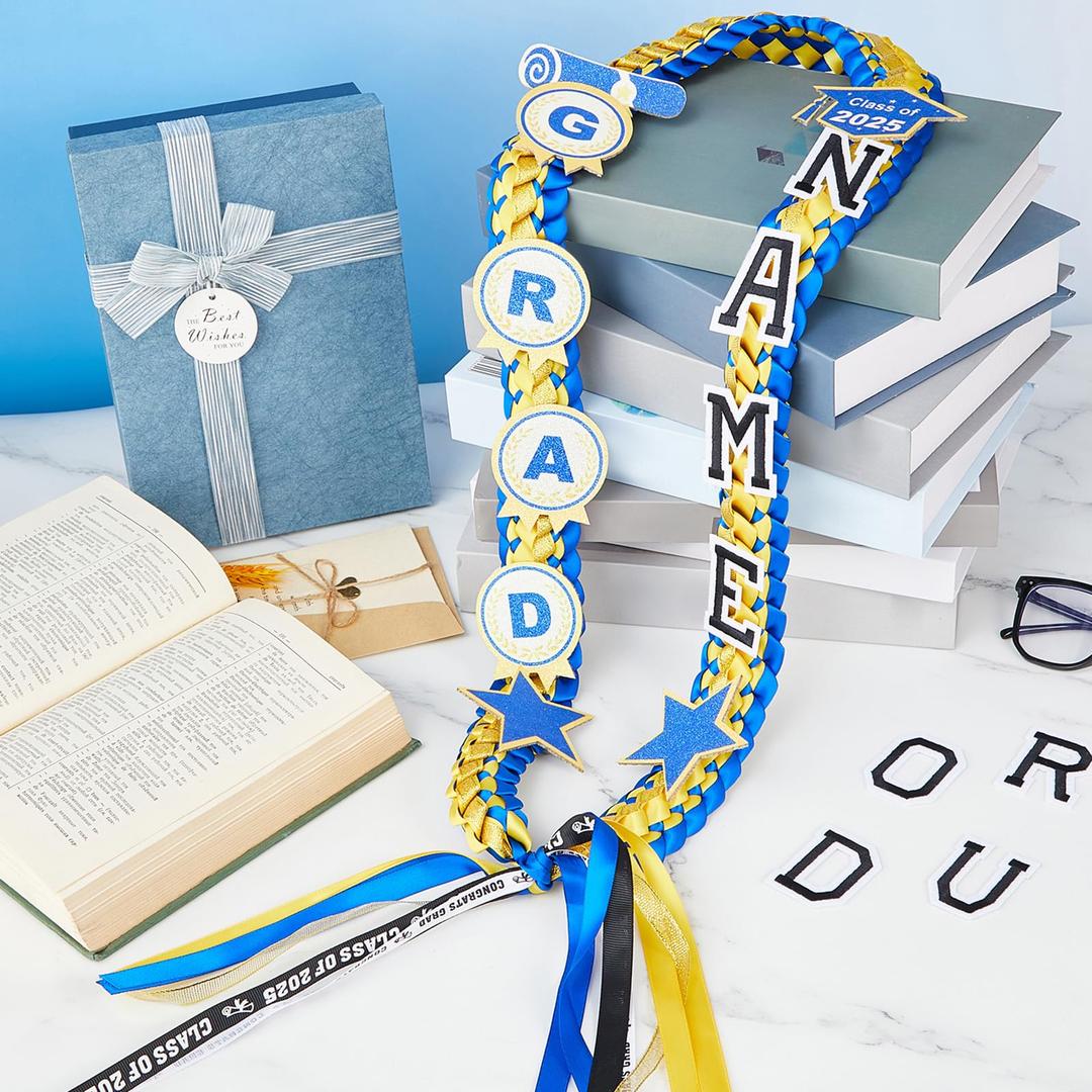 Juexica Graduation Ribbon Lei - Class of 2025 Graduation Leis, DIY Braided Necklace for Men and Women Graduation Gift(Blue,2 Sets)