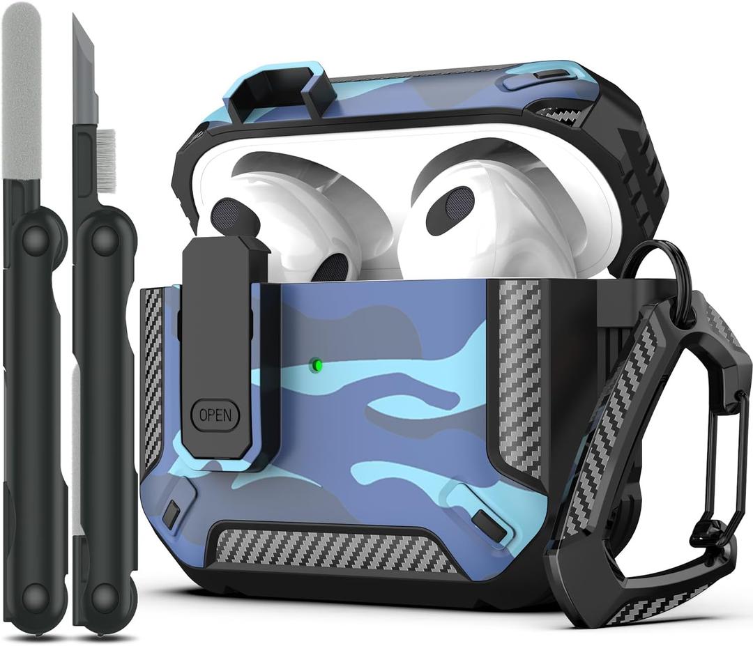 2 x RFUNGUANGO for AirPods 3 Case Cover with Cleaning Kit and Carabiner, Safety Lock and Automatic Pop-up, Compatible with Airpods 3rd Generation Case, Support Wireless Charging, Blue Camo