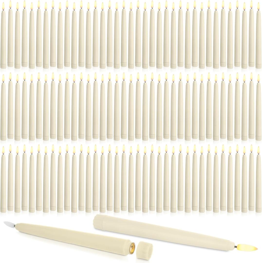 Baquler 100 Pcs Flameless Taper Candles LED Taper Candles Flickering Bulk Ivory LED Candlestick for Easter Wedding Church Halloween Christmas Party Decor Table Centerpiece, 8.5 in, No Batteries