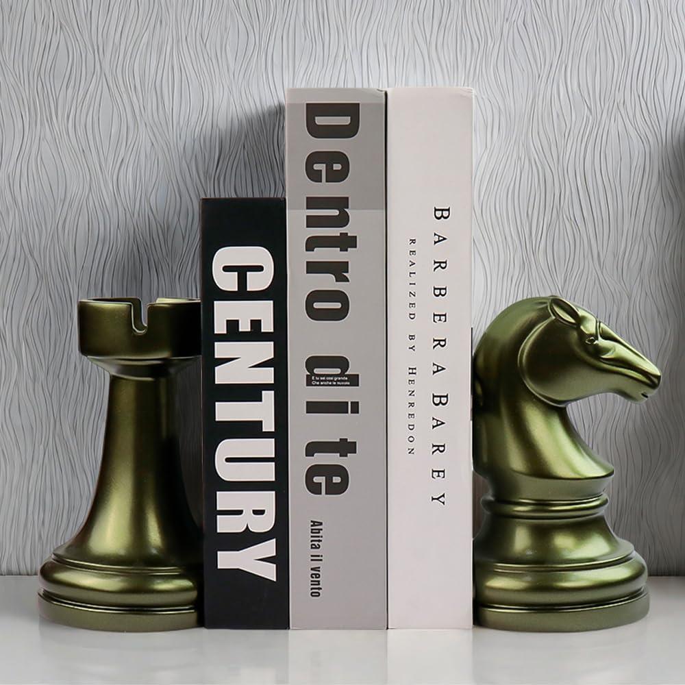 jinhuoba Decorative Bookends Chess Bookends, Aeneous Heavy Book Ends Stopper, Modern Book Ends for Shelves Office Home Desk Bookrack, 7"(L) x4(W) x7(H), 1Pair/2Piece