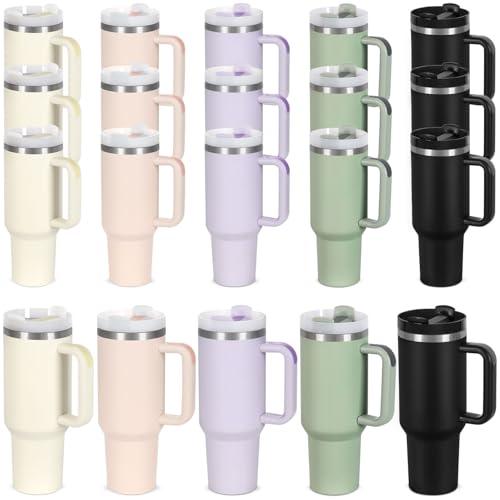15 Pack 40 Oz Tumbler with Handle and Straw Bulk, 40 Oz Tumbler Stainless Steel Vacuum Insulation Keep Hot and Cold, 40 Oz Travel Coffee Mug with Silicone Spill Proof Stopper Set, Individually Boxed
