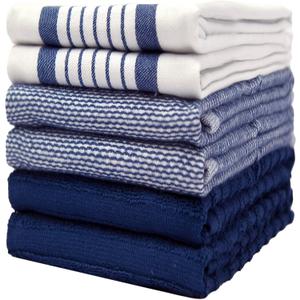 Premium Kitchen Towels (20x 28, 6 Pack) | Large Cotton Dish Towels | Flat & Terry Highly Absorbent Kitchen Linen Set with Hanging Loop | Navy Blue Striped, Kitchen Towels - Mixed Styles