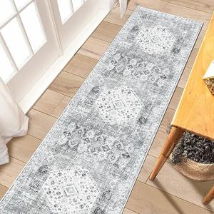 RUUGME 2x7 Washable Runner Rug - Vintage Hallway Rugs Non Slip Stain Resistant Rugs for Kitchen Living Room Bedroom Laundry Room Mat Distressed Rug Carpet Runner for Bathroom 2'x7' Grey
