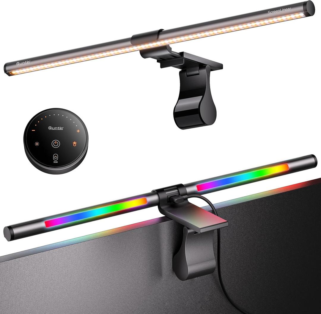 Quntis RGB Pro+ Monitor Light Bar with Remote, 15 Modes Gaming Backlight, 4 Colors & Brightness Dimmable Fronlight, 20" Ra95 Eye-Care USB Reading Monitor Lamp, No Glare, Upgraded Clip for All Monitor (Gray)