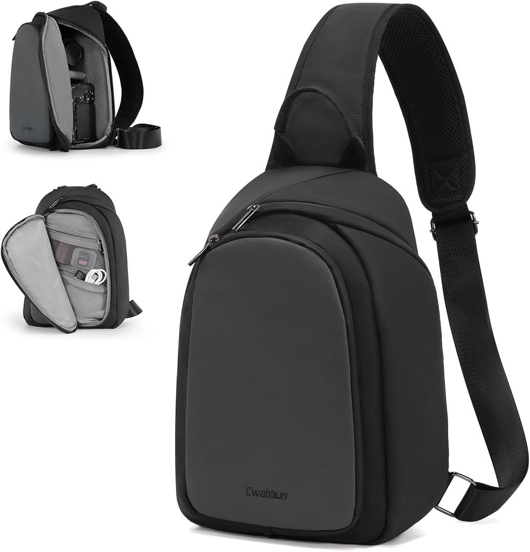 Cwatcun Camera Sling Bag Small, DSLR/SLR/Mirrorless Compact Camera Bag, Water-resistant Camera Shoulder Case Crossbody Photography Purse Compatible with Canon Nikon Sony Fuji Camera,Lens,Black (Medium)