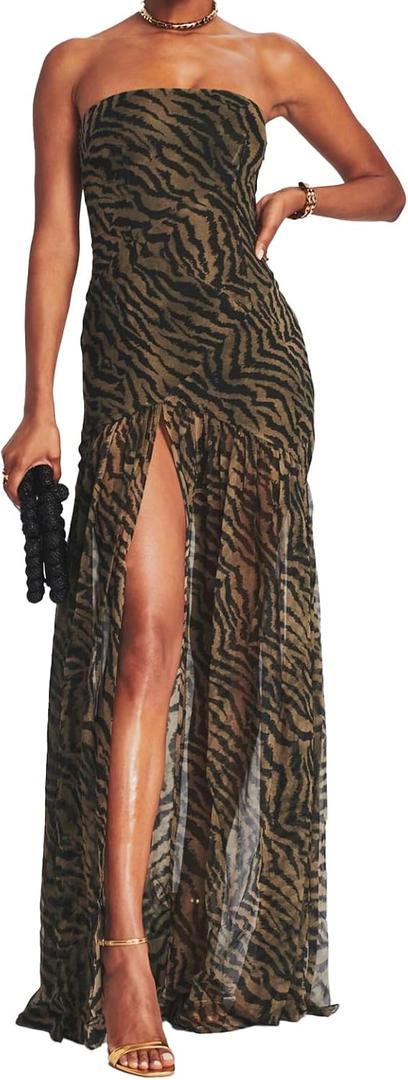 Women Tube Top Dress Tiger Stripe Mesh Patchwork Maxi Dress Strapless Sexy High Slit Long Dresses Party Clubwear (Medium, Brown)