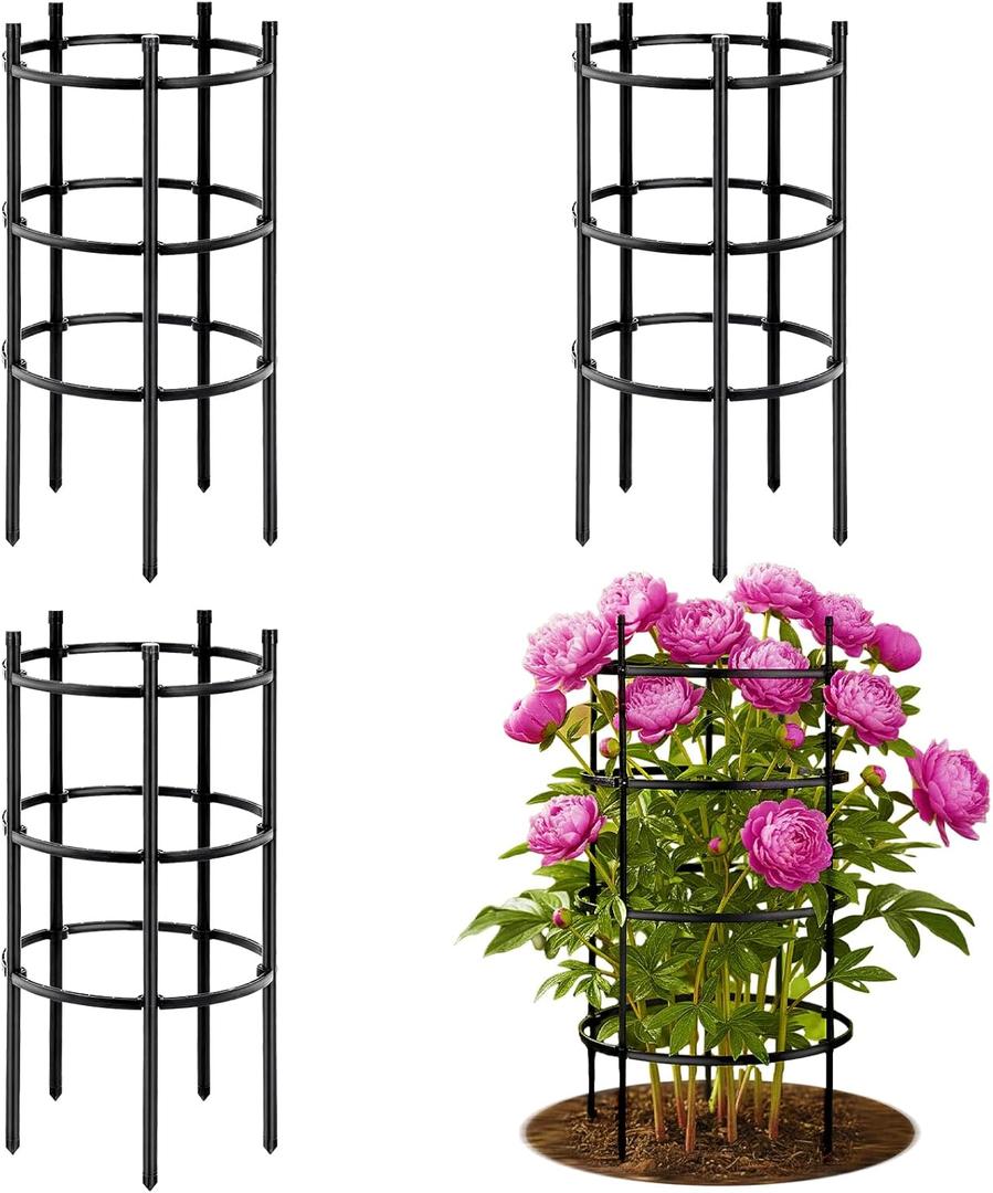 CroBlissful 4 Sets 19.5" X38"h Peony Plant Cage, 3 Tier Large Support Stakes Plant Support Rings Metal Core with PVC Coated Stakes for Garden Outdoor Tomatoes Peonies Rose Climbing Ornamental Flower
