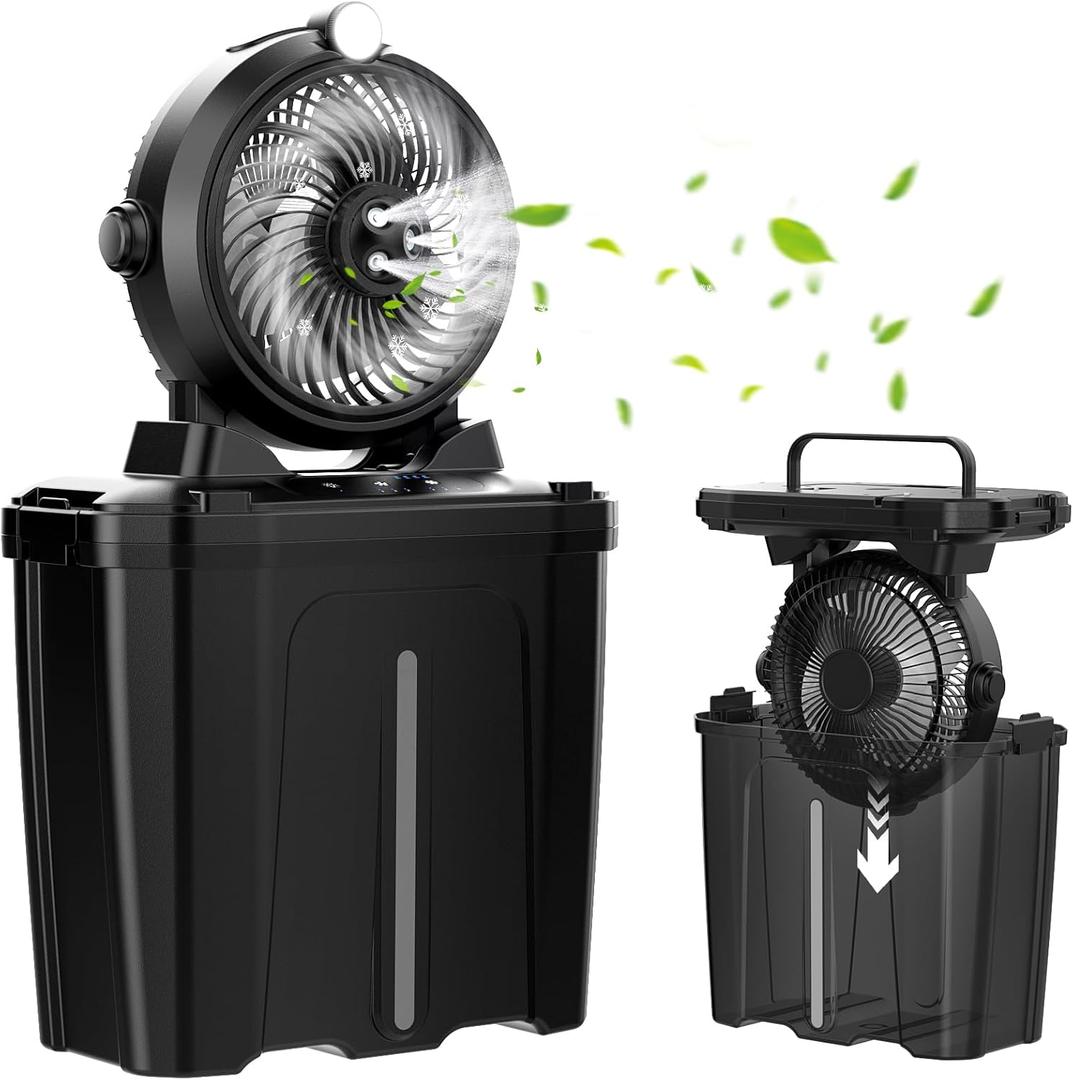 Portable Misting Fan with 11L Bucket & 20000mAh BatteryRechargeable Battery Powered Fans for Patios with Night Light, 3 Wind Speed & 3 Spray Mister Camping Outdoor Fans, Waterproof Design