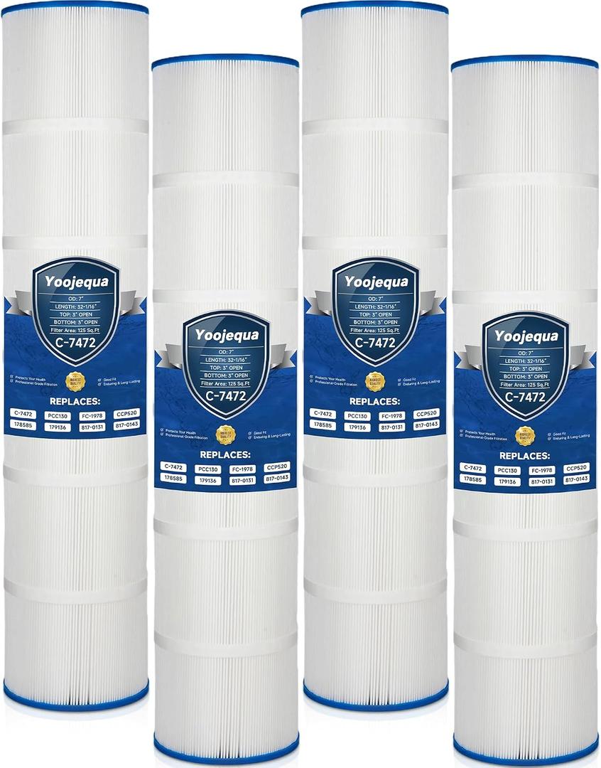 4 x Yoojequa PCC130 Pool Filter Cartridge Compatible with C-7472, Clean and Clear Plus 520, CCP520, R173578, 178585, 817-0143, FC-1978, FC-6475, 160332, 4 x 125 Sq. Ft Pool Filter Cartridge, 4 Pack