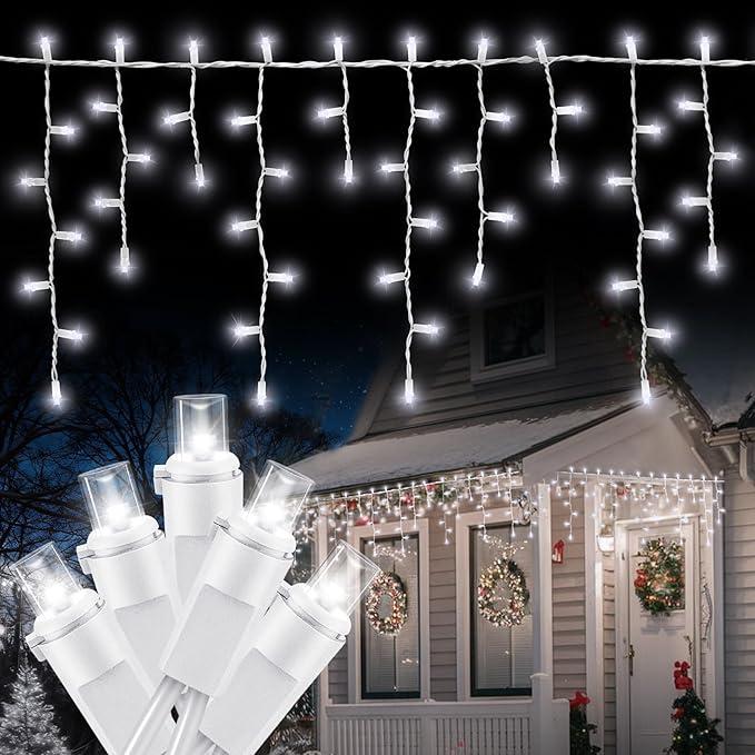 100 LED Icicle Lights String Light Warm white Christmas Decoration Plug in Waterproof Professional Grade Outdoor Indoor Decor for Xmas, Thanksgiving Day, Party, Patio, Courtyard, Window, Fence Decor