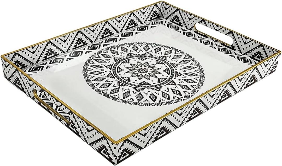 Decorative Tray,Serving Trays,Bathroom Tray,Waterproof and Rustproof,15.7"x 11.8"x1.57",Suitable for Holding Toiletries,Aromatherapy,and Greenery,Ideal for Hotels and Homes (White Black Pattern)