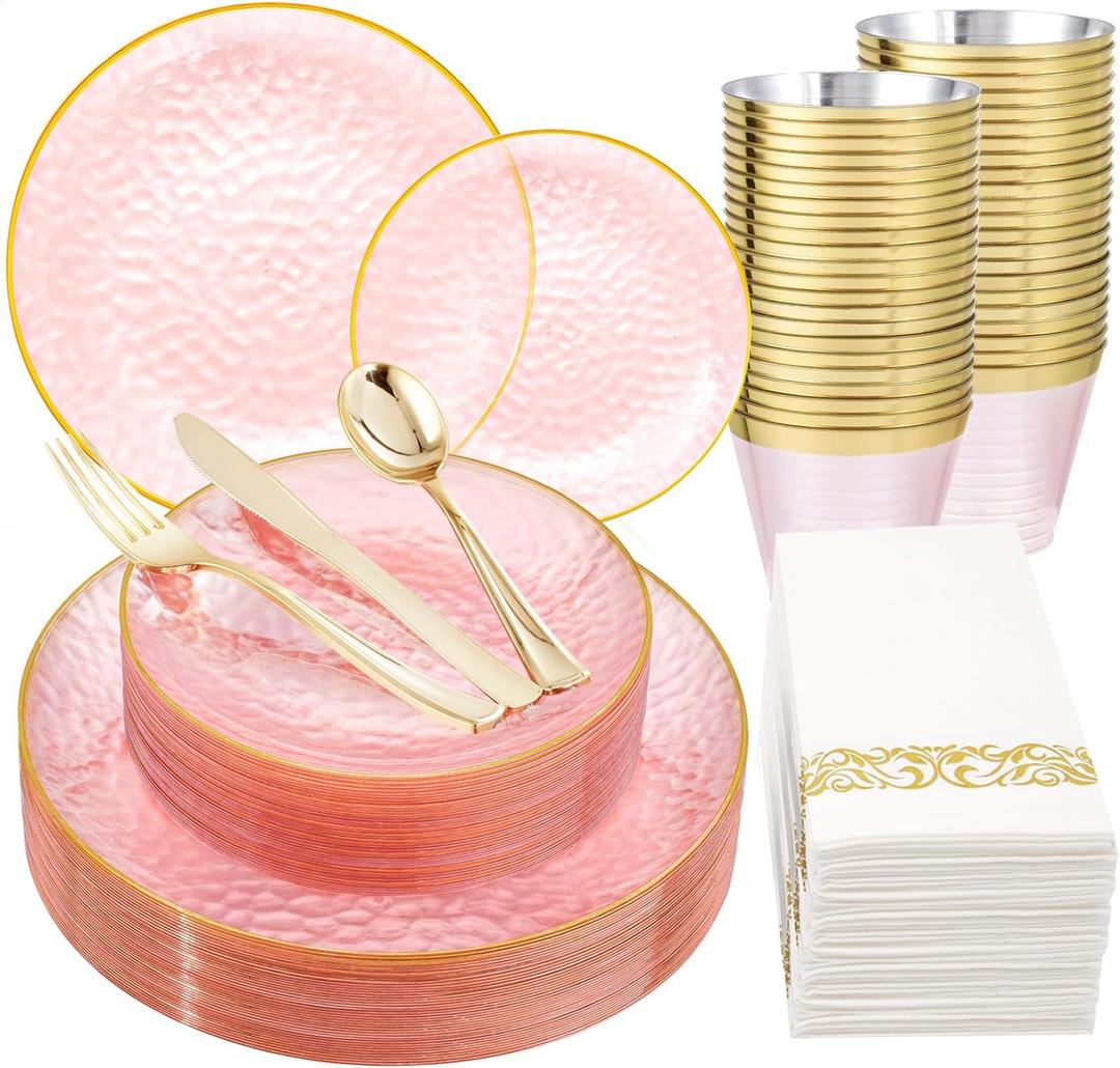 DaYammi 175 Pcs Pink Plastic Plates Dinnerware Set (25 Guests), Pink Disposable Plates, Hammered Party Platos Set Include Dinner Platos, Dessert Plates, Cups, Cutlery for Mother's Day Party