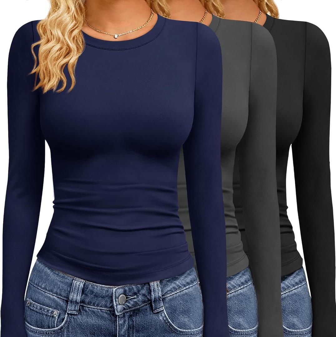 GAYHAY 3 Pack Long Sleeve Shirts for Women Basic Tops Crew Neck Fitted Tight Workout Tees Y2K Clothes Going Out Fashion 2025 (Medium, Black,grey,navy)