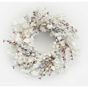 24 inch Winter Wreath for Front Door, Christmas Wreaths Front Door with White Eucalyptus Leaves and White Red Berry Outdoor/Indoor Wall Window Thanksgiving Décor Fireplace Christmas Decorations