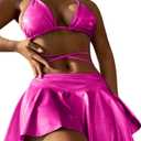 Rave Outfits for Women - Party Club Music Festival Metallic Bikini Sexy Halter Bathing Suit Holographic Beach Skirt(Rose, L, 1016a)