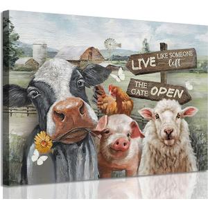 Funny Farm Animals Canvas Wall Art Rustic Farmhouse Poster Print Picture Cute Cow Sheep Pig Chicken Barn Country Sign Painting Artwork Wall Decor for Dining Room Bedroom Kitchen 16x24in Framed