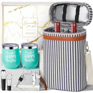 Birthday Gifts for Women Men - Mothers Day Wine Gift Baskets For Woman Mom, Her, Women, Friend, Wine Lovers, Self Care Package, Insulated Wines Tote Bag Carrier w/ Tumblers & Wines Accessories Set
