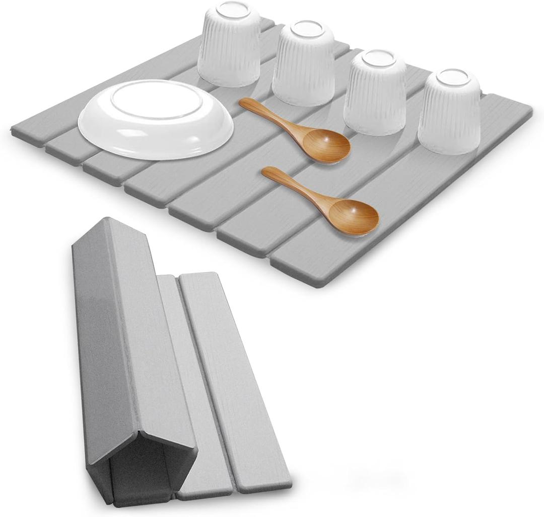 Large Stone Dish Drying Mats for Kitchen Counter , Quick Dry Absorbent Collapsible Dish Drying Mat,Diatomaceous Earth Mats for Dishes Bottles Cups,Match Any Countertop,Grey 16*12inch