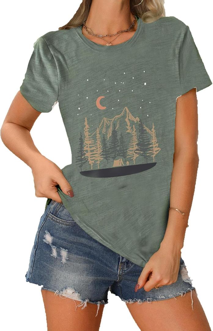 Nature Camping Shirts for Women Mountain Hiking Athletic Shirt Adventure Wild Outdoor Graphic Tees Tops (Green, XL)