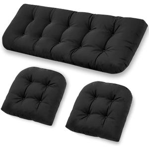 Patio Furniture Cushions Outdoor, Waterproof Wicker Chair Cushions Set of 3, 1 Loveseat & 2 Seat Pads, Thick Outdoor Replacement Cushions for Porch Lawn Bench Couch Sofa Swing, Black, 44"L x 19"W