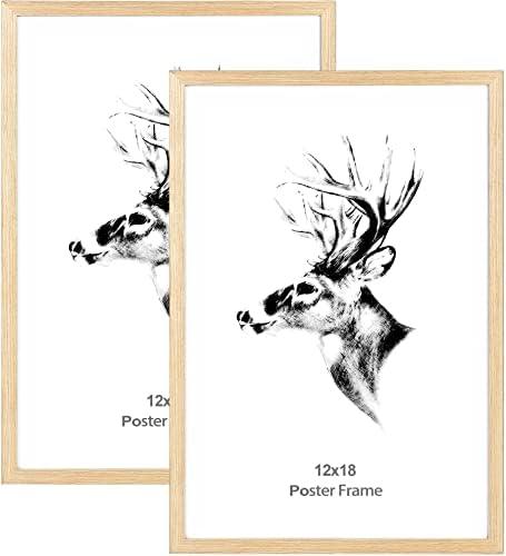 Yaetm Wood 12x18 Picture Frame Set of 2, Natural Solid Oak Wood 12x18 Poster Frame for Wall Gallery, Horizontal and Vertical Wall Mounting (2 pack, Oak)