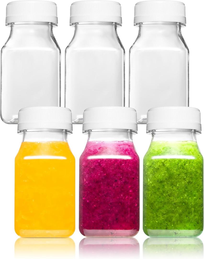 Norcalway 4 Oz Small Plastic Bottles with Black Caps for Liquids - Ginger Shot Lids, Wellness Juice Freezer Safe, Leak Proof, Food Grade 4 Oz 6 Pack, white