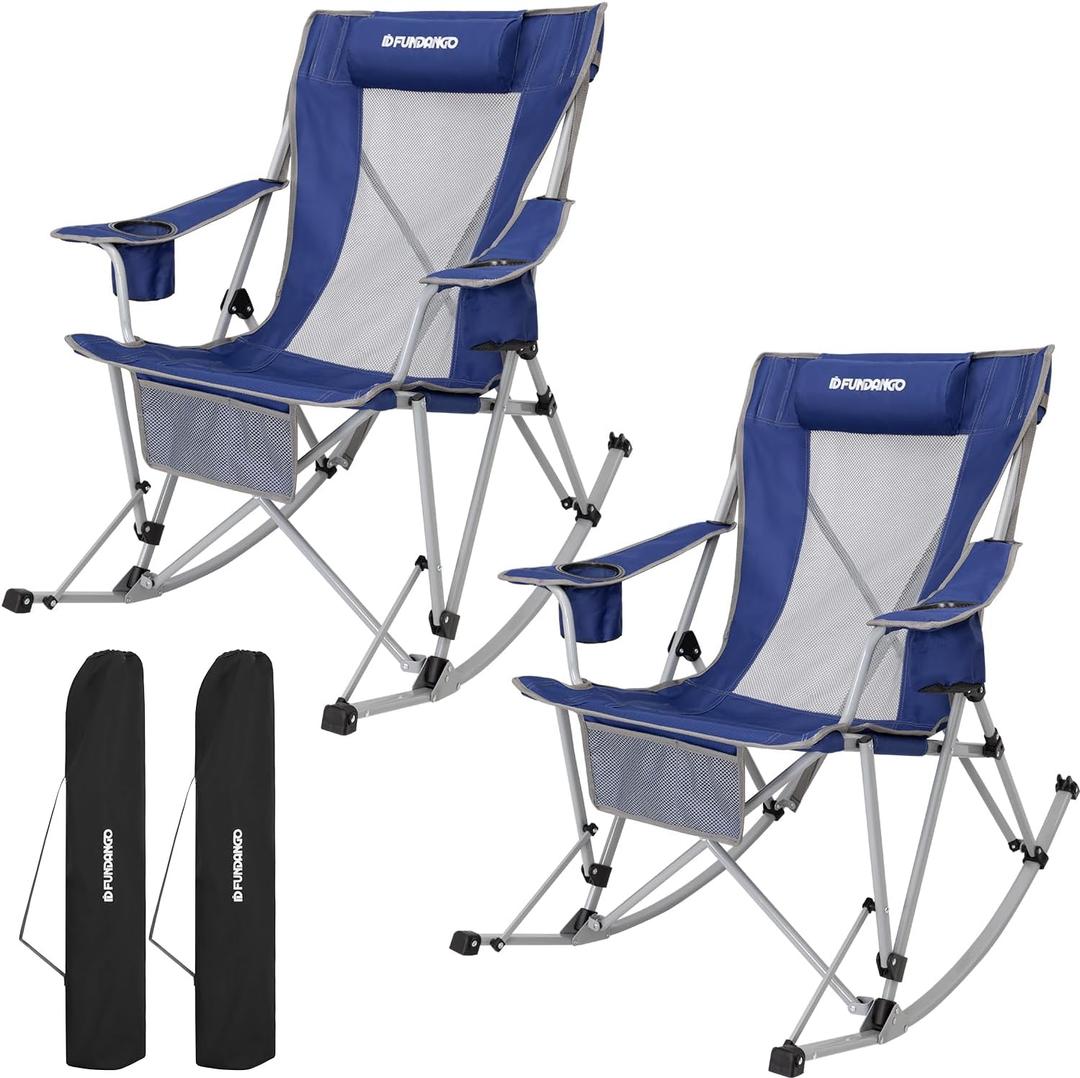 FUNDANGO Rocking Camping Chair, 2 Pack High Mesh Back Portable Folding Camp Chairs with Pillows, Cup Holder and Carry Bag for Lawn Patio Garden Outdoor Supports 300 Lbs (Blue/Grey) FUNDANGO Rocking Camping Chair, 2 Pack High Mesh Back Portable Folding Camp Chairs with Pillows, Cup Holder and Carry Bag for Lawn Patio Garden Outdoor Supports 300 Lbs (Blue/Grey)