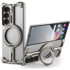 OATSBASF for Samsung Galaxy Z Fold 6 Bumper Case, with Kickstand 360 Rotatable Magnetic Stand Case, Minimalist Phone Case for Galaxy Z Fold 6, Frameless Metal Case, Natural Titanium