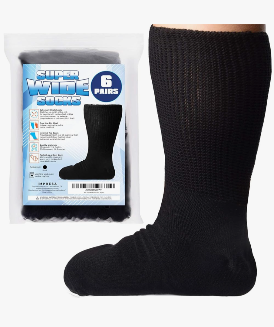 IMPRESA 6-Pair Extra Width Socks for Lymphedema & Bariatric - Stretch 30'' Over Calf for Swollen Feet, Men's & Women's, One Size Unisex