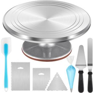 Syntus Aluminum Alloy Cake Stand, 12 Inch Cake Turntable for Decorating with Angled Silicone Icing Spatula, Cake Comb Smoother, Pie Server Cutter, Disposable Piping Bags, 27 Pieces Baking Supplies