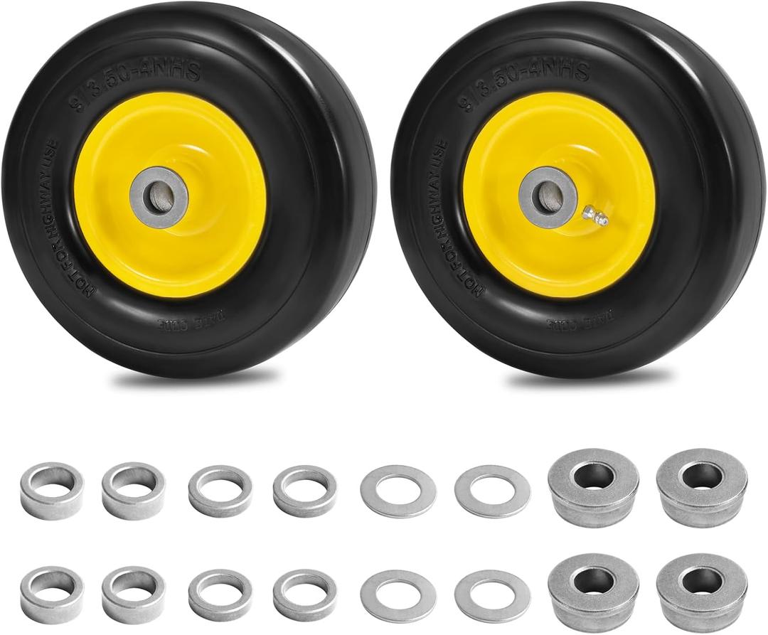 Parts Camp 9x3.50-4" Flat Free Tire and Wheel Lawnmower Tire, front zero turn mower/garden tractors/wheelbarrows/garden carts Tires With 3/4" & 5/8" Bushing,3.5"-4" Centered Hub (Set of 2)