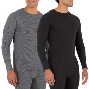 Fruit of the Loom Men's 2-Pack Recycled Waffle Thermal Underwear Crew Top, Black/ Greystone Heather, X-Large