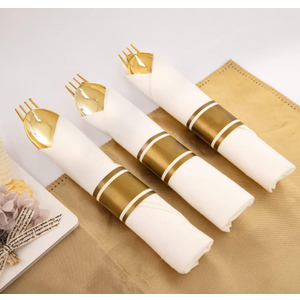 Supernal Pre Rolled Napkin with Gold Plastic Silverware Set of 5 pack, Disposable Gold Silverware with Linen Napkin, Heavy Weight, Wrapped Plastic Silverware Suit for Wedding, Catering Event, Party