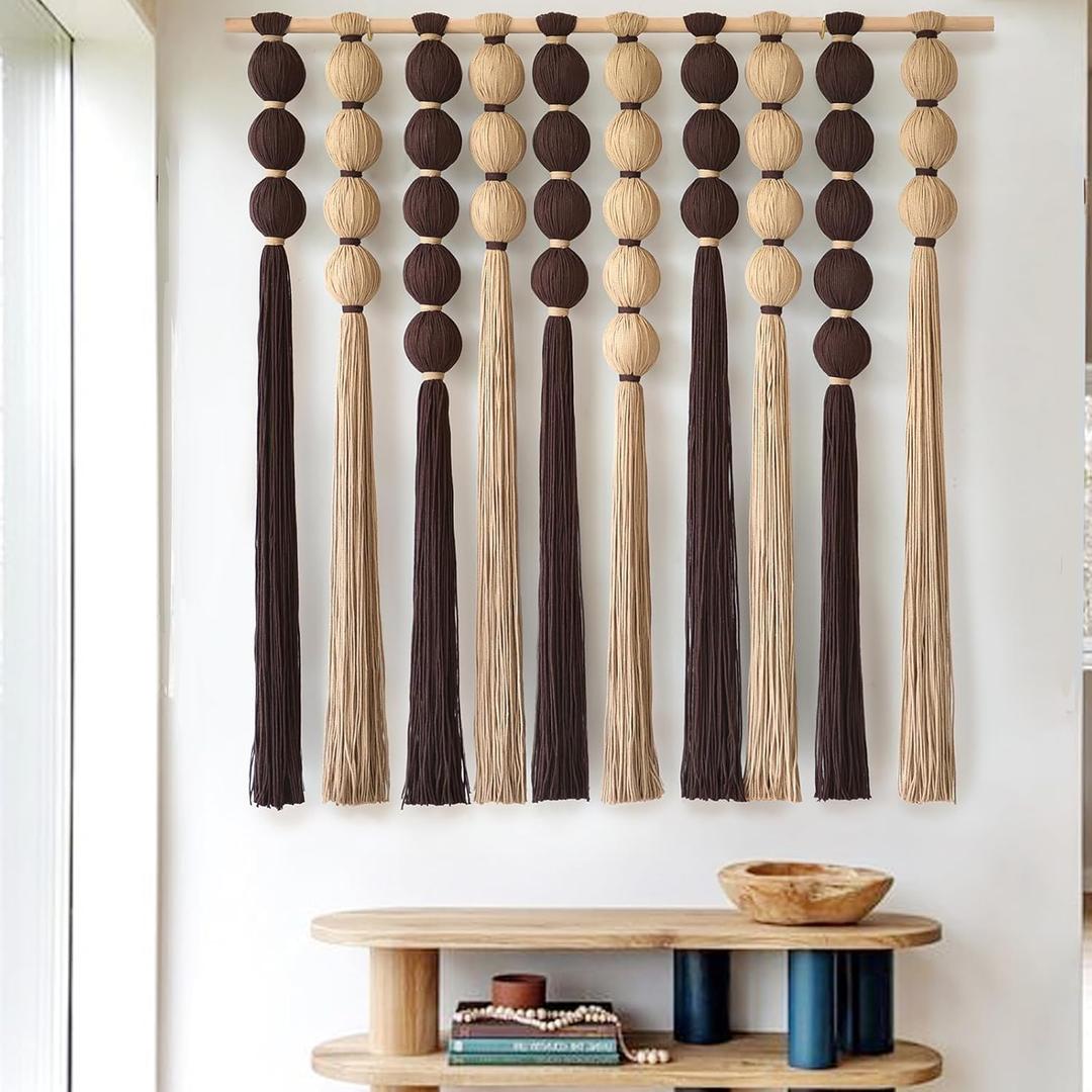 KaloKalo Large Macrame Wall Hanging Handmade Boho Sphericity Fibre Yarn Art Textile Modern Handcrafted Natural Cotton Wall Decor Art for Living Room Bedroom Party 35.4" L by 33.8" H - Taupe Brown