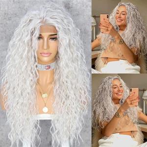 SAPPHIREWIGS Curly Synthetic Lace Front Wigs Long Deep Wave Wig Glueless Pre Plucked Hairline White Gray 60# Wig Cosplay Party Daily Makeup Halloween Use 26inch