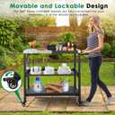 Outdoor Grill Cart,36 Inch Stainless Steel Pizza Oven Table with Lockable Wheels, Hooks & Adjustable Mesh, Metal Kitchen Cart Island, Black(36.2'' D x 19.6''W x 31.4''H)
