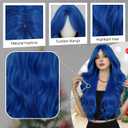 7JHH WIGS Blue Long Water Body Wavy Wigs with Curtain Bangs 31in Natural Heat Resistant Synthetic Fiber Midlle Part Women Long Curly Blue Wigs for Chrismas Daily Party Daily Used